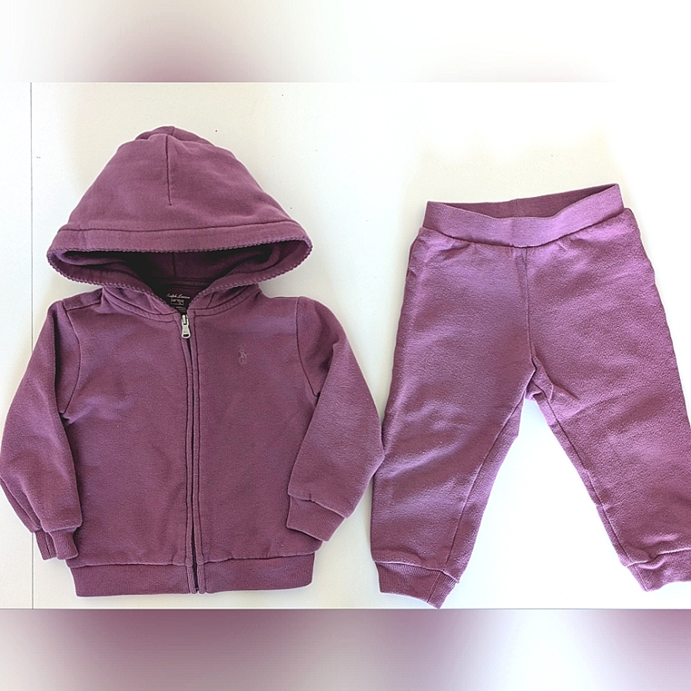 Ralph Lauren Fleece full zip hoodie and pant set in purple size 24 months